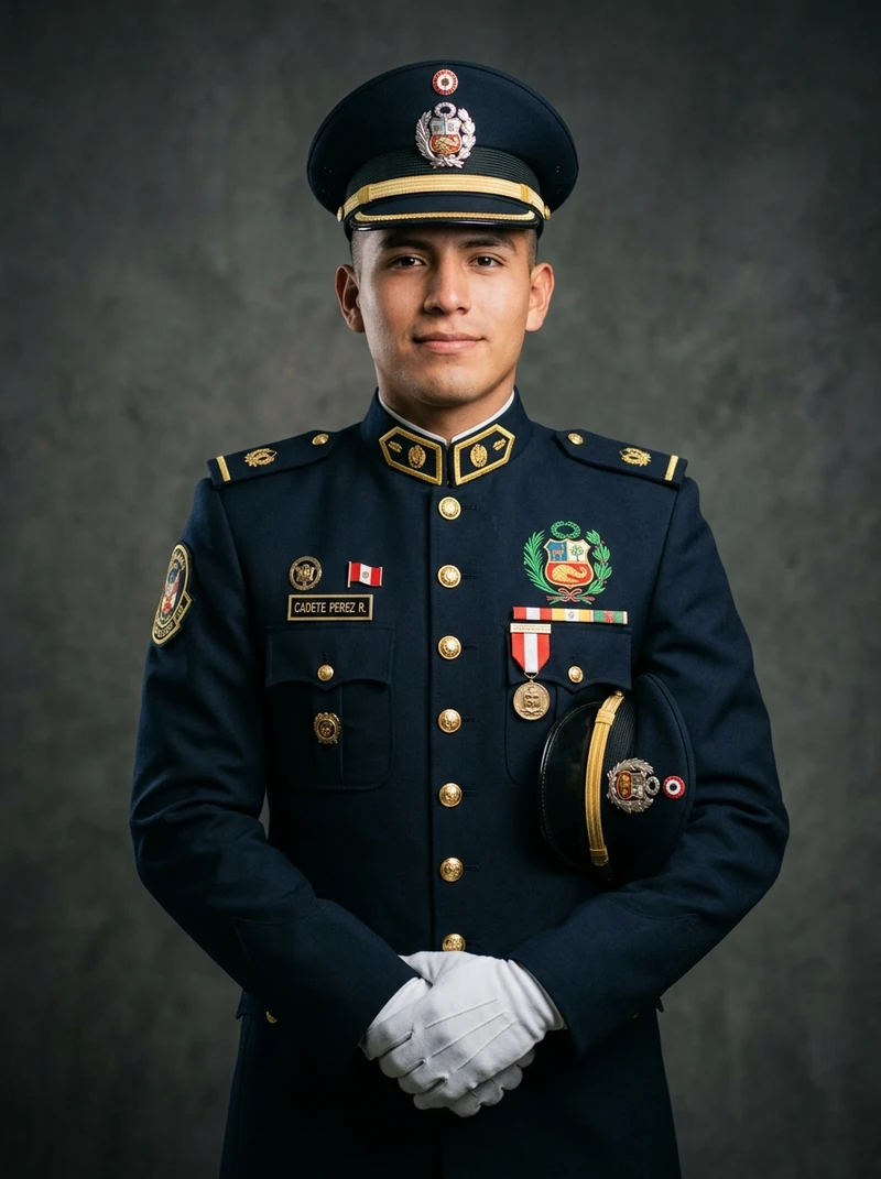 Cadete PNP Sebastián Huamán Rivas con uniforme de gala oficial